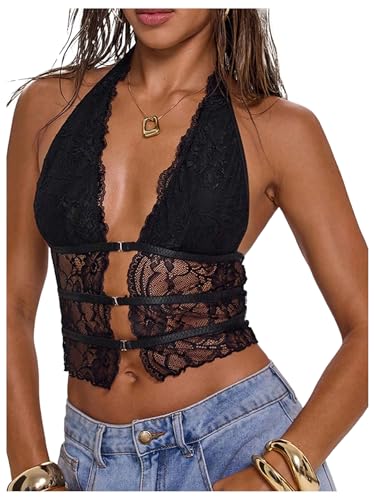 Verdusa Women's Y2k Goth Lace Tops Croset Sheer Halter Top Rave